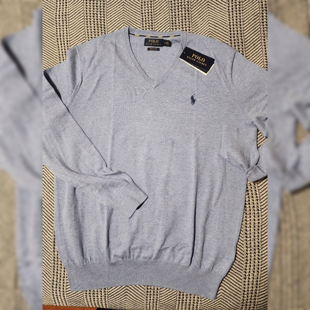 Blue Knit Pima Cotton V-Neck Sweater